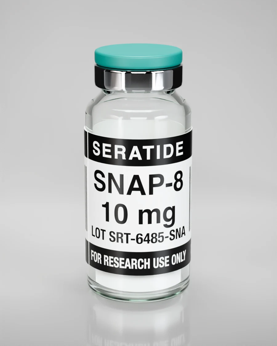 Seratide SNAP-8 10 mg vial — Lyophilized · 3 mL vial, lot SRT-6485-SNA, labeled For Research Use Only, 21+