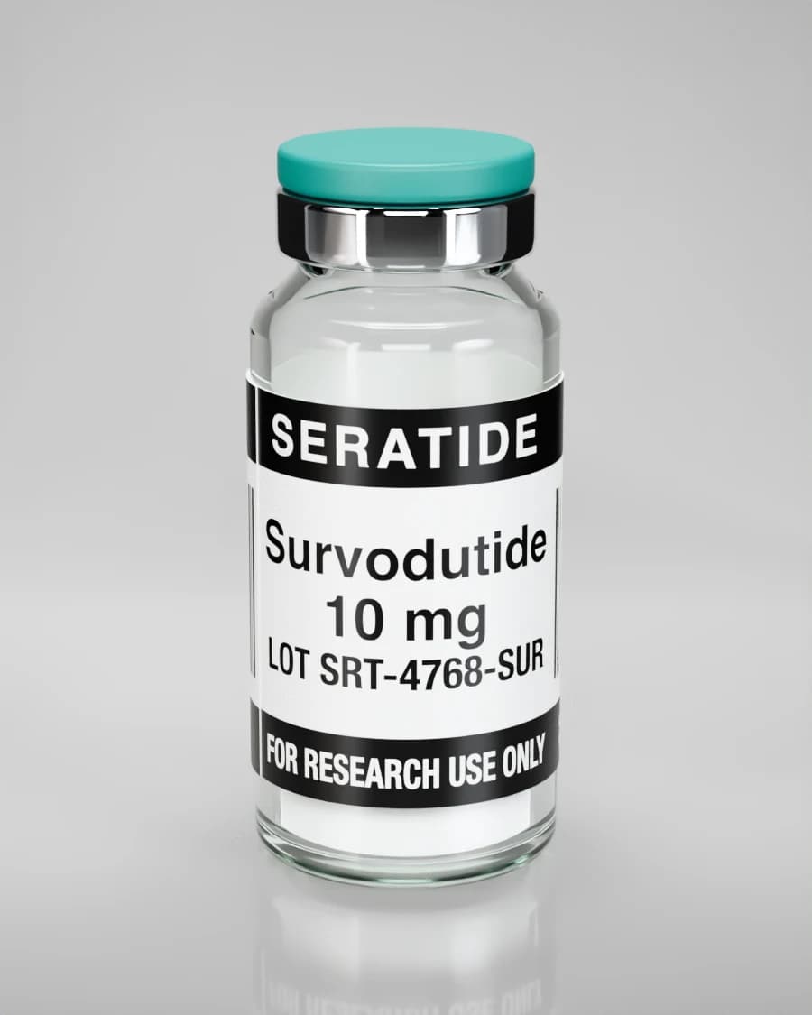 Seratide Survodutide 10 mg vial — Lyophilized · 3 mL vial, lot SRT-4768-SUR, labeled For Research Use Only, 21+