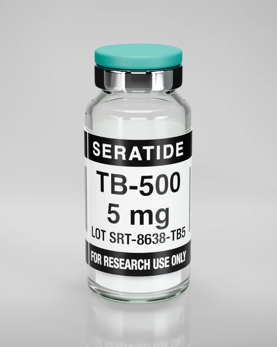 Seratide TB-500 5 mg vial — Lyophilized · 3 mL vial, lot SRT-8638-TB5, labeled For Research Use Only, 21+