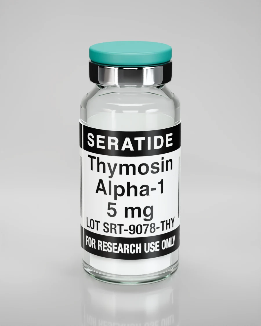 Seratide Thymosin Alpha-1 5 mg vial — Lyophilized · 3 mL vial, lot SRT-9078-THY, labeled For Research Use Only, 21+