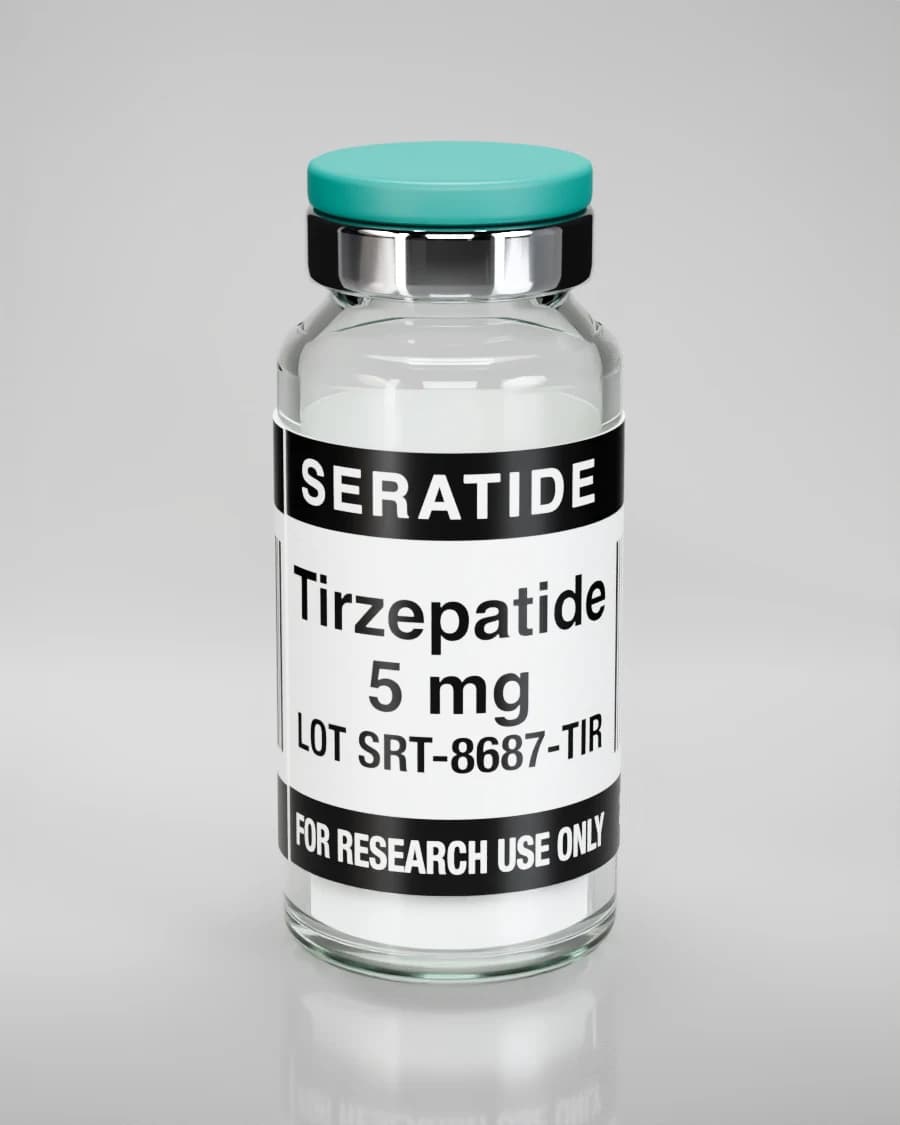 Seratide Tirzepatide 5 mg vial — Lyophilized · 3 mL vial, lot SRT-8687-TIR, labeled For Research Use Only, 21+