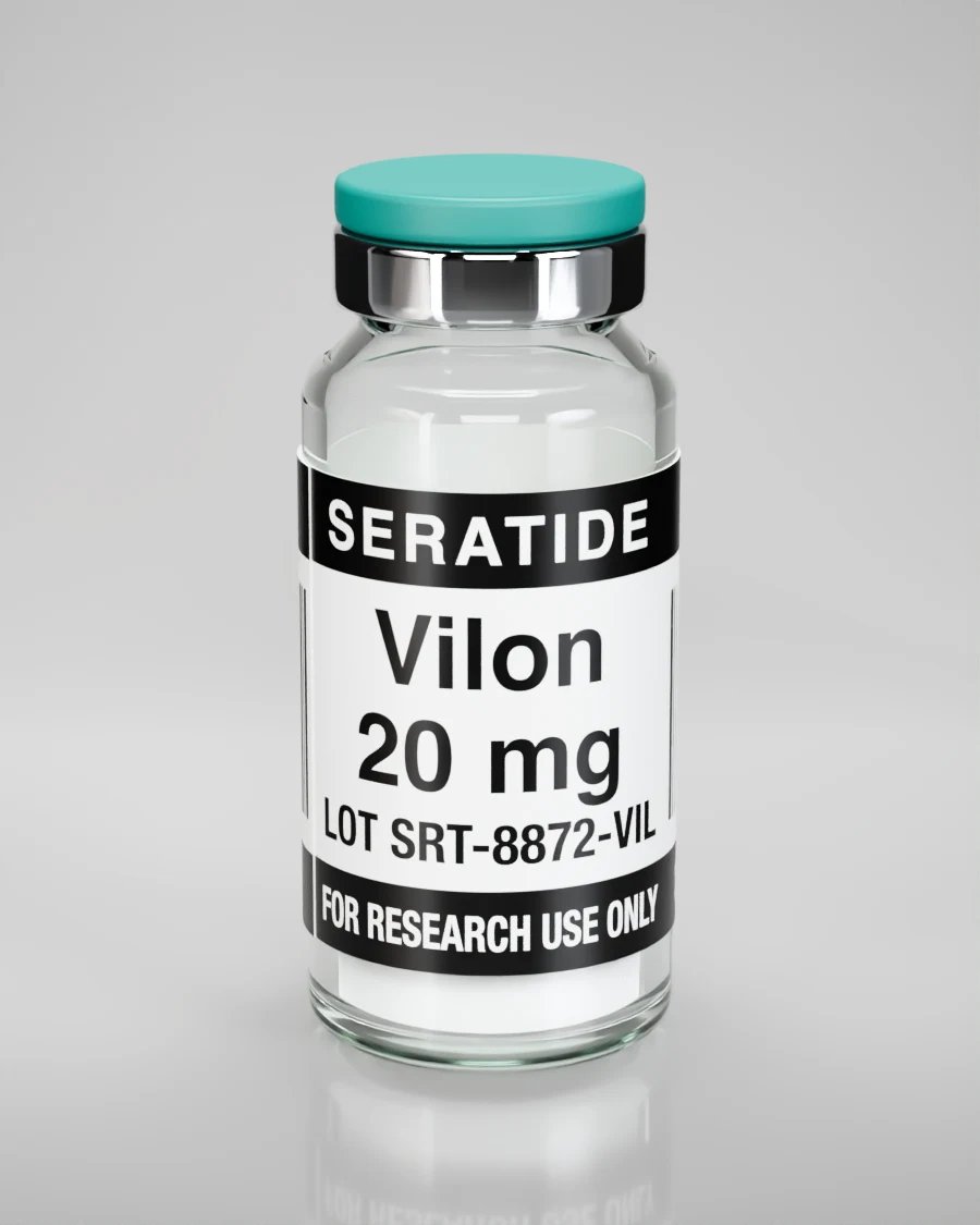 Seratide Vilon 20 mg vial — Lyophilized · 3 mL vial, lot SRT-8872-VIL, labeled For Research Use Only, 21+