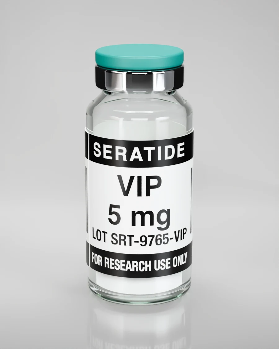 Seratide VIP 5 mg vial — Lyophilized · 3 mL vial, lot SRT-9765-VIP, labeled For Research Use Only, 21+