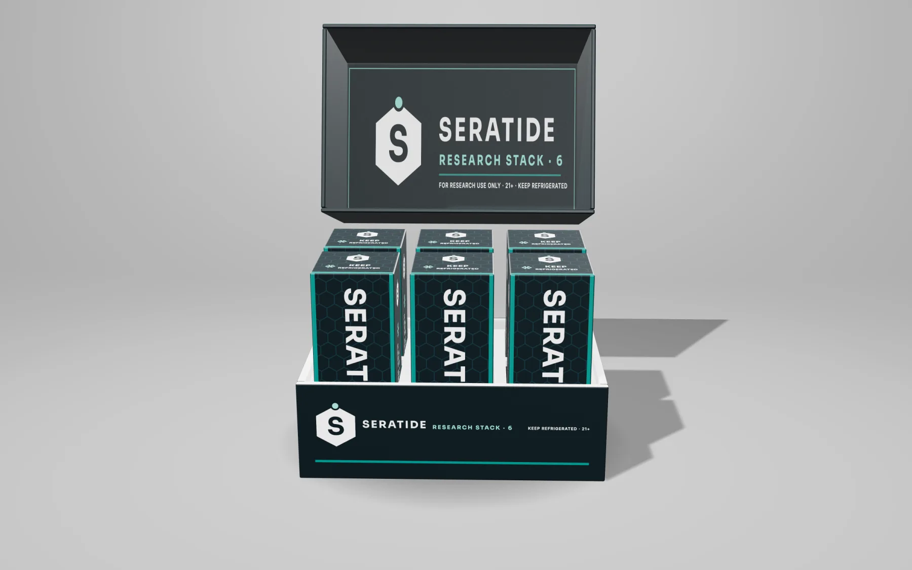 An open Seratide Research Stack 6 box: six navy Seratide cartons, each marked Keep Refrigerated, seated three by two in a white insert, the lid lifted behind showing Research Stack 6, For Research Use Only, 21+